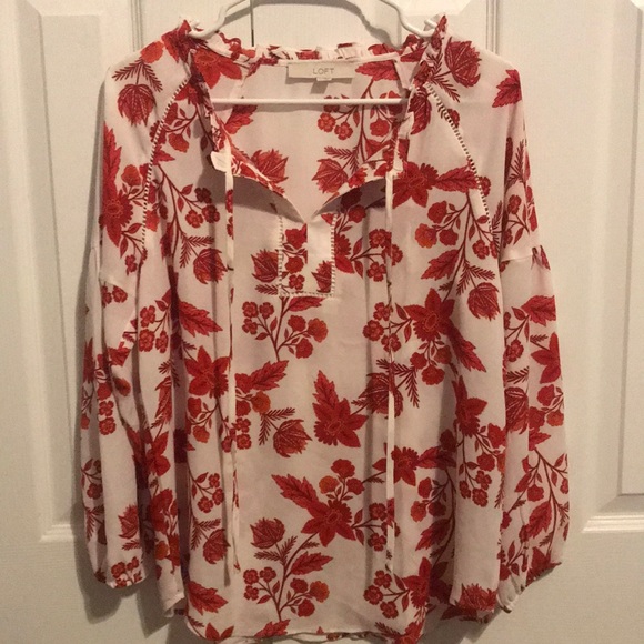 LOFT Tops - LOFT White and Red Flowered Blouse - Size S